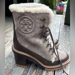 Tory Burch Women's Shearling Lace-Up Boots - Gray/Brown, Size 9